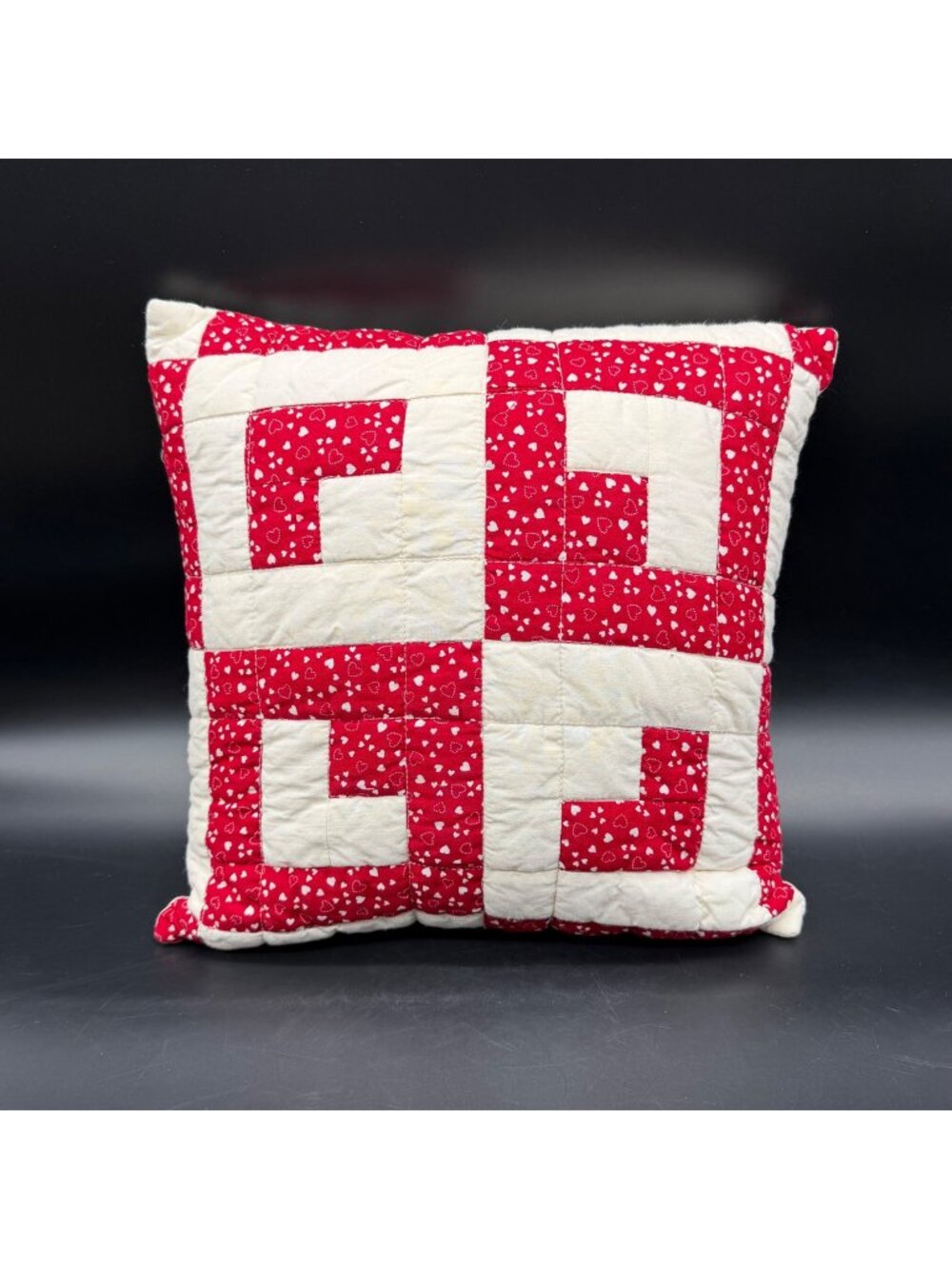 Patchwork Throw Pillow Red White Heart Quilted Cottage Farmhouse Vintage